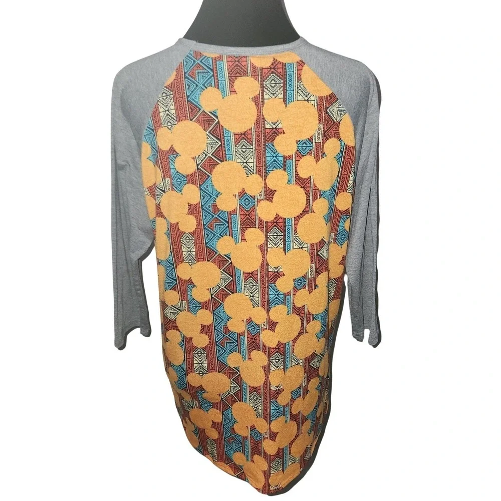 LuLaRoe XL Disney Mickey Mouse Print Raglan Tee Gray Orange Blue Tribal - Picture 4 of 5